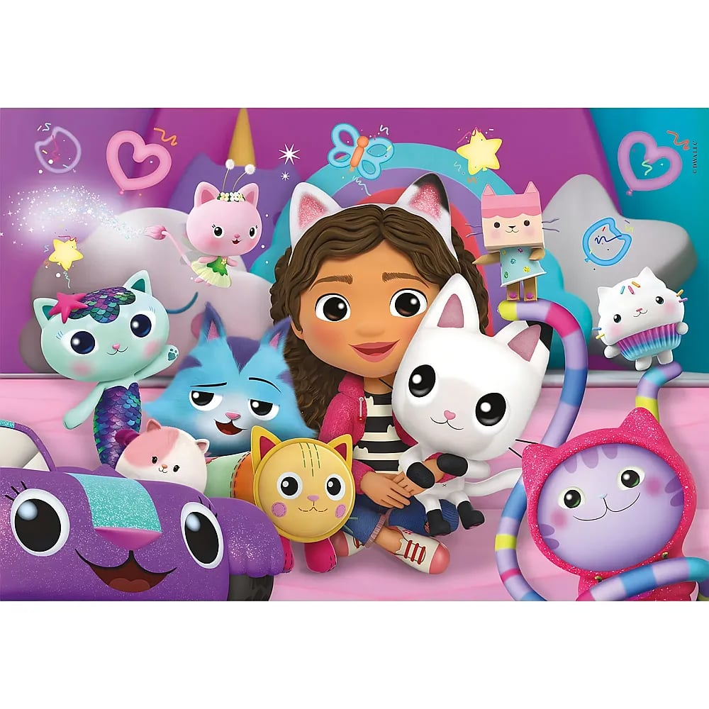 Ein Mädchen mit Katzenohren ist umgeben von bunten Cartoon-Katzen in einem verspielten, magischen rosa Zimmer.