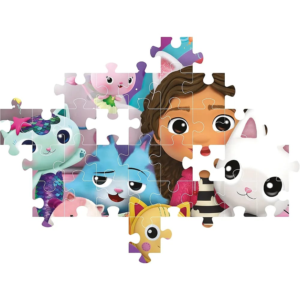 Ein buntes Puzzle zeigt Gabby und ihre animierten Katzenfreunde aus Gabbys Dollhouse.