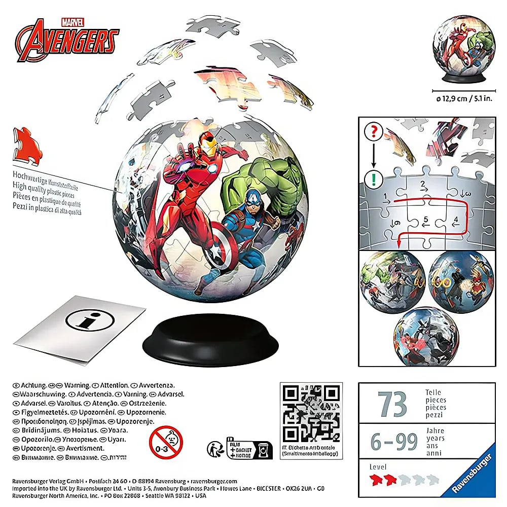 Ravensburger Avengers 3D Puzzle Ball mit 73 Teilen, Standfuß und Montageanleitung.