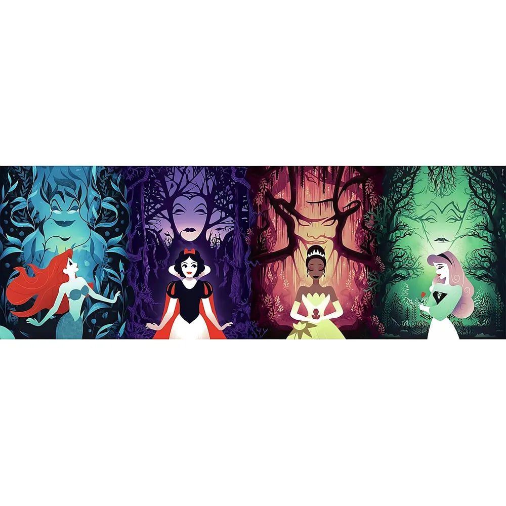 Cuatro princesas de Disney de pie ante sus respectivos villanos y fondos pintorescos.