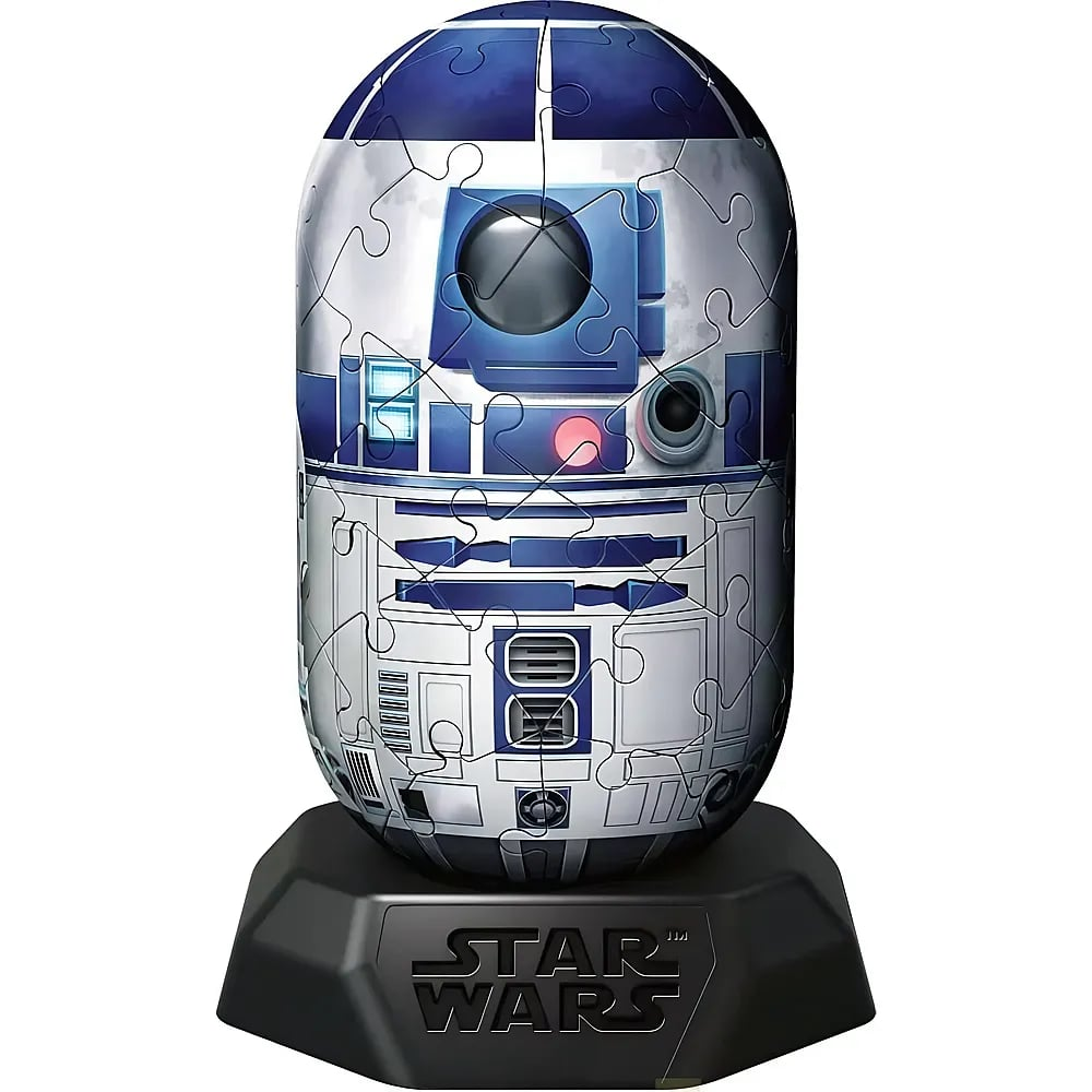 Ein blau-weißes R2-D2 Puzzle in Ei-Form steht auf einem schwarzen Star Wars Ständer.