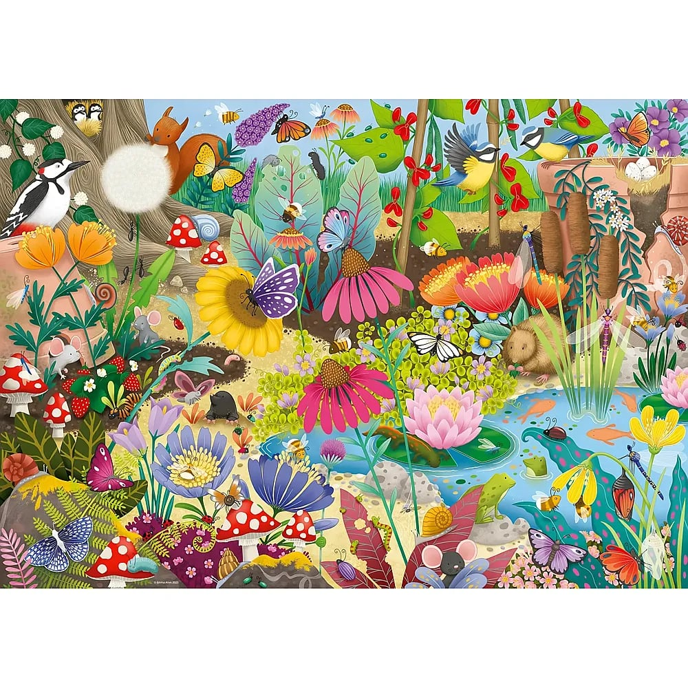 Wundervoller Garten voller bunter Blumen, Schmetterlinge, kleiner Tiere und einem Teich.