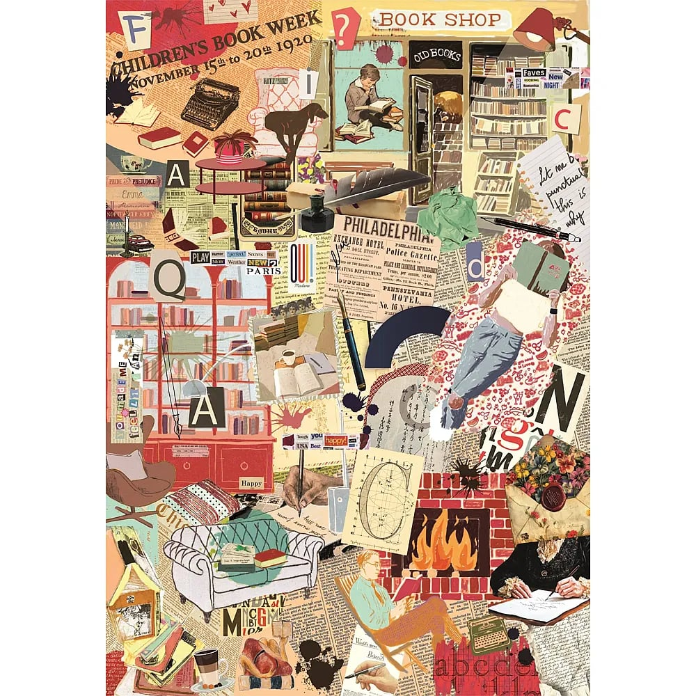 Colorful book collage poster featuring books, inkwell, fireplace, and readers.