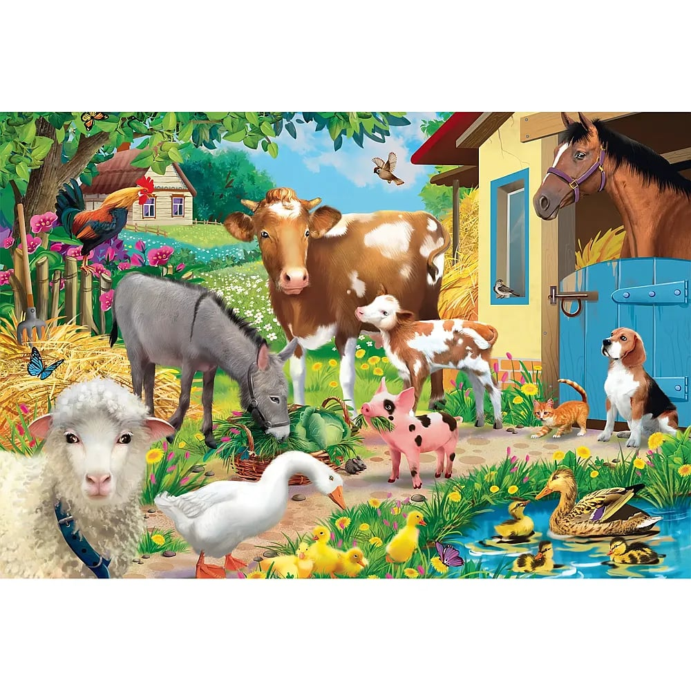Ein belebter Bauernhof mit Kuh, Esel, Schaf, Schwein, Pferd, Hund, Katze, Enten und Hühnern an einem sonnigen Tag.