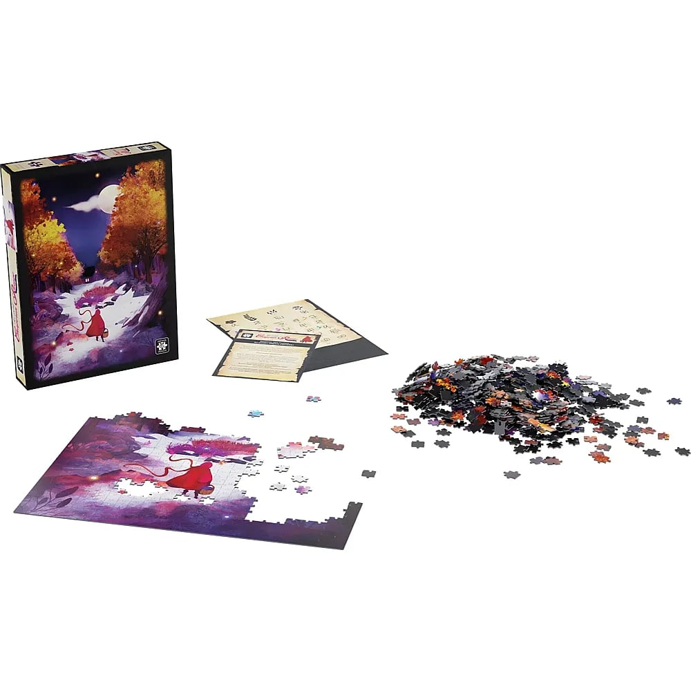 Un puzzle inachevé avec boîte, instructions et tas de pièces sur fond blanc.