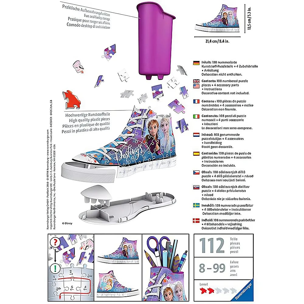 Frozen 3D-Puzzle-Sneaker als Stiftehalter, mit Maßen, 108 Teilen und Anleitung.