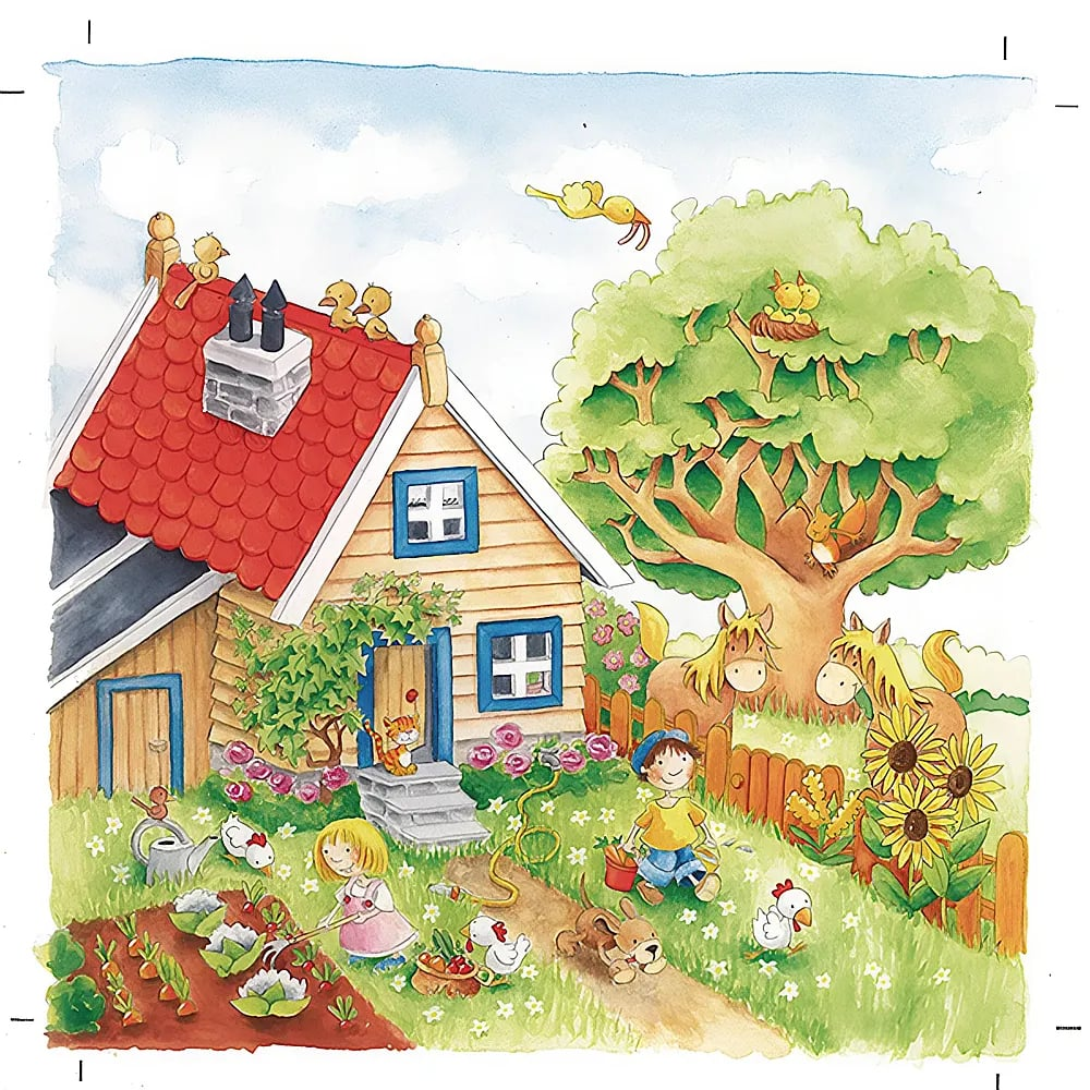 Colorida granja con niños, animales en el jardín y pájaros en el tejado.
