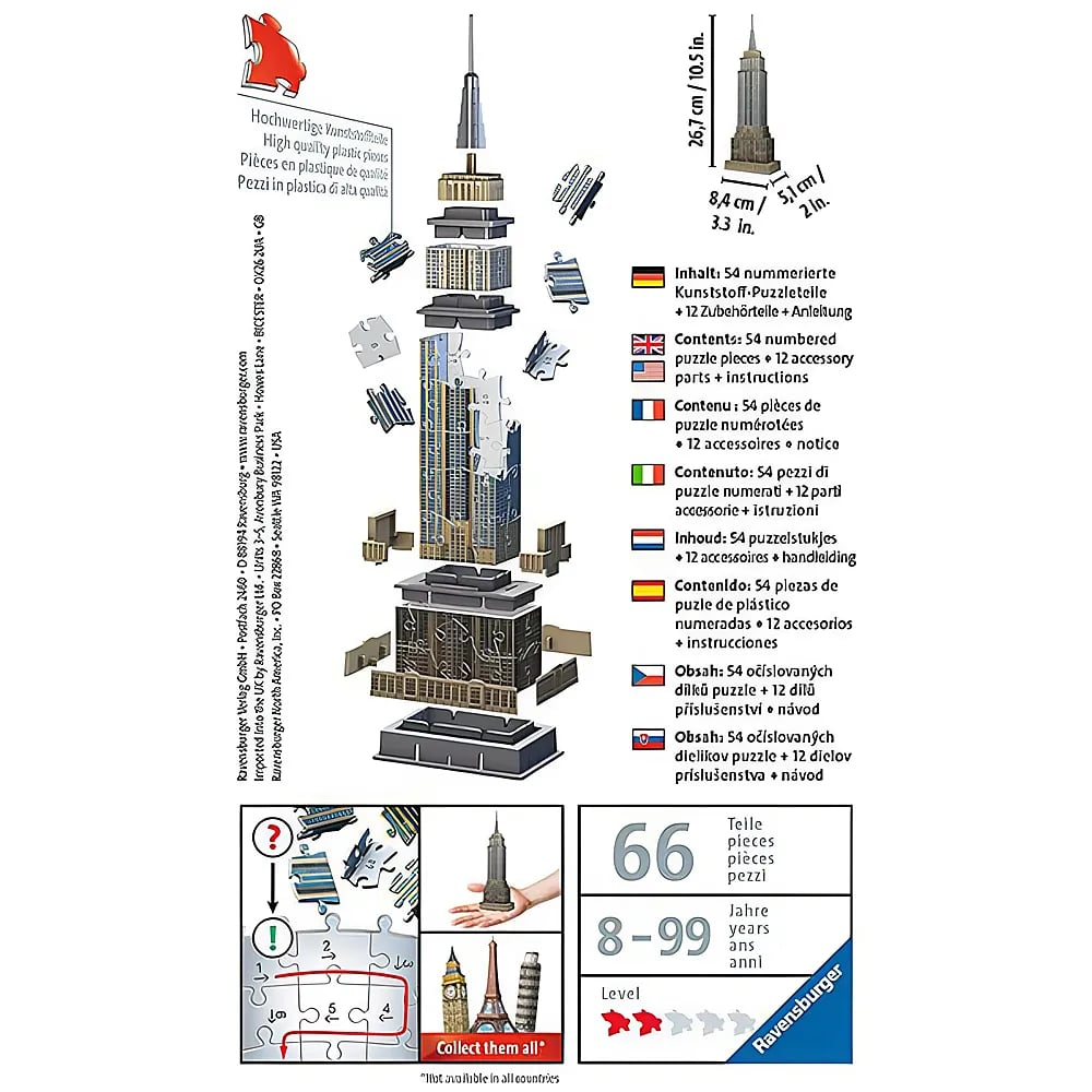 Anleitung für ein 3D-Puzzle des Empire State Building mit Maßen, Stückzahl und mehrsprachigem Text.