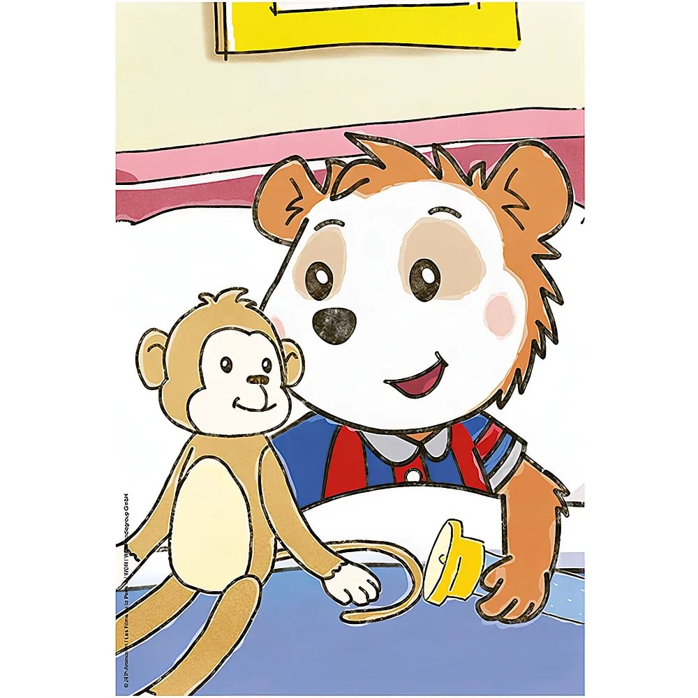Un orso dei cartoni animati in abiti blu e rossi che tiene in mano una piccola scimmia di peluche.