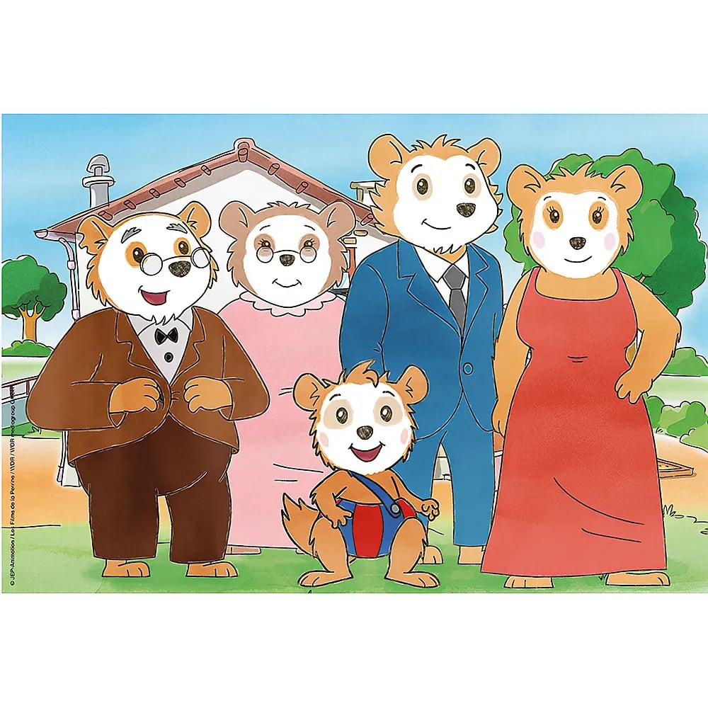 Una famiglia illustrata di cinque orsi antropomorfi in posa davanti a una casa, con erba verde e alberi.