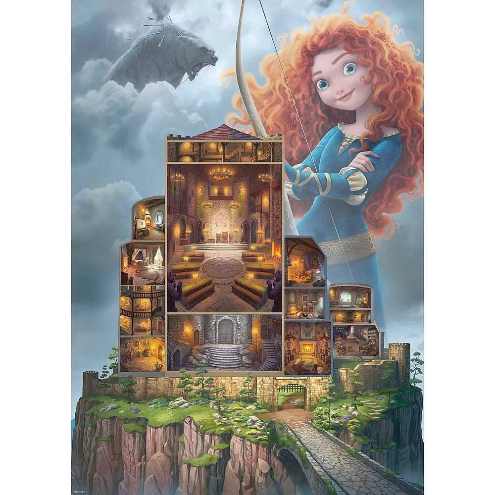 Prinzessin Merida mit Bogen über einer durchsichtigen Schlosskulisse mit vielen Räumen.