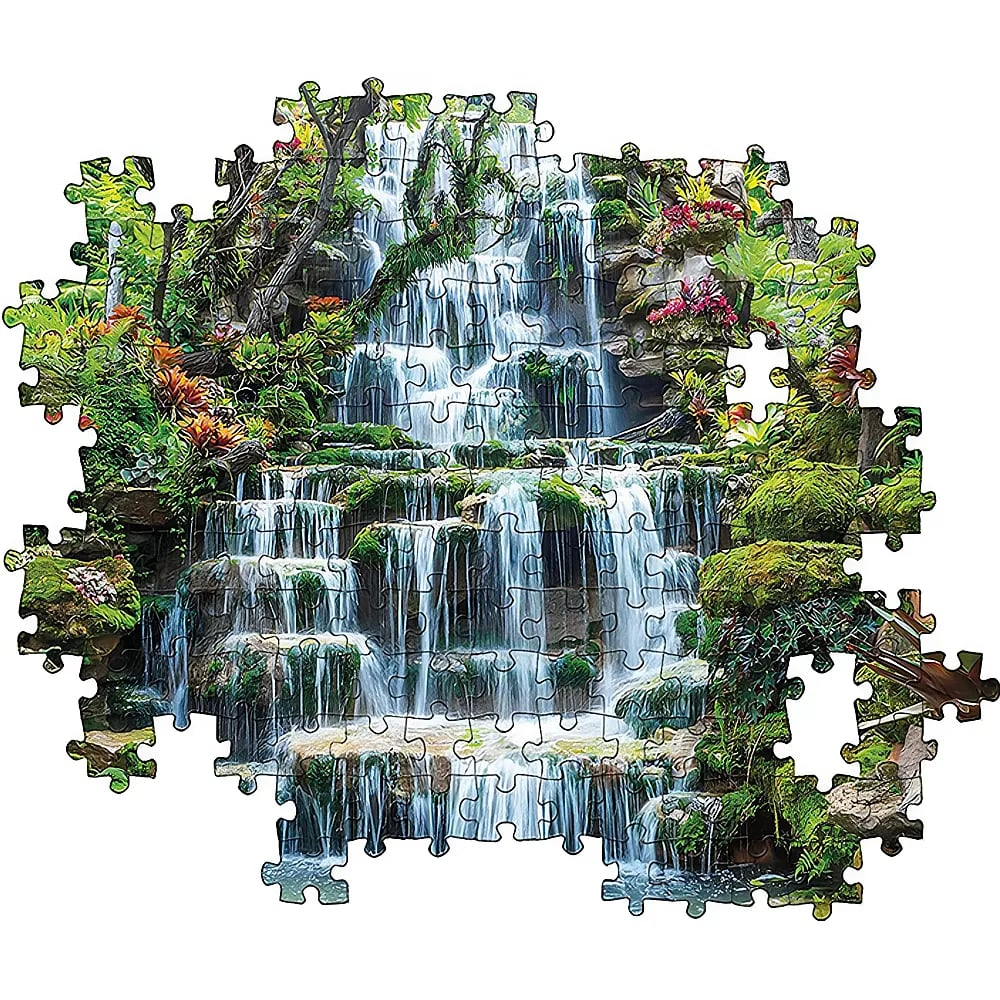 Un puzzle incompleto raffigura una cascata panoramica con fogliame verde e fiori colorati.