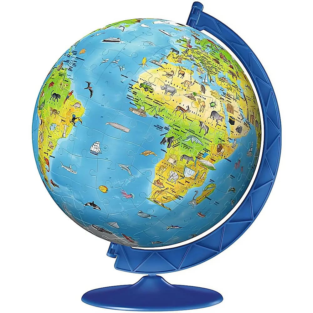 Un mappamondo puzzle blu con continenti decorati da animali, navi e illustrazioni.