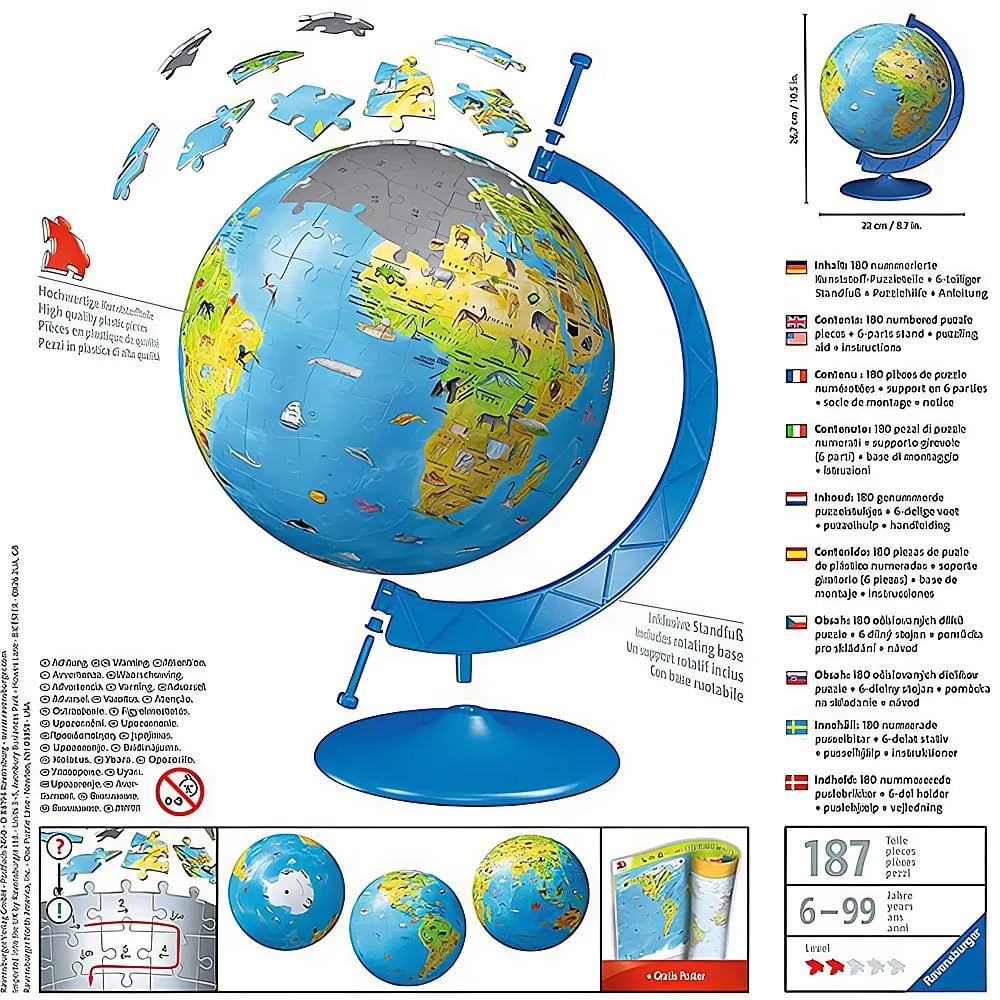 Un globo puzzle con animali e continenti su supporto blu, circondato da pezzi e informazioni sul prodotto.