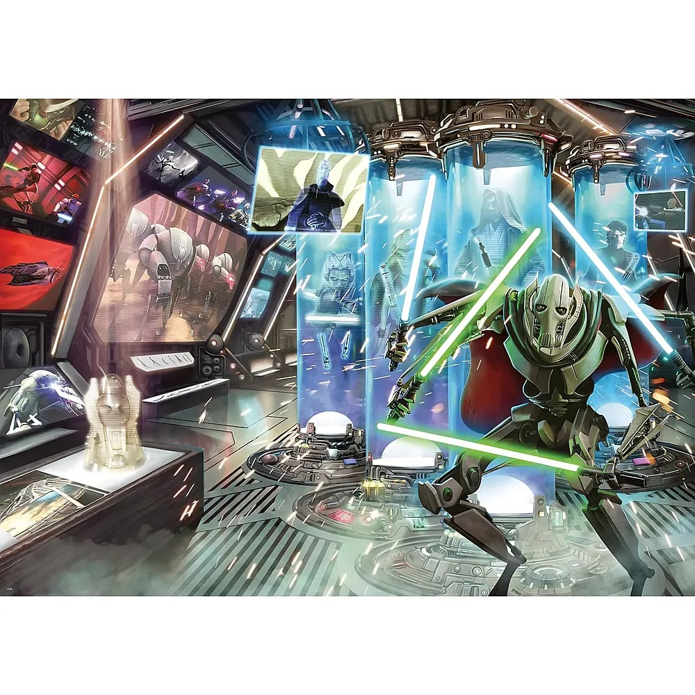 General Grievous kämpft mit vier Laserschwertern vor blauen Stasistanks in einer futuristischen Basis.