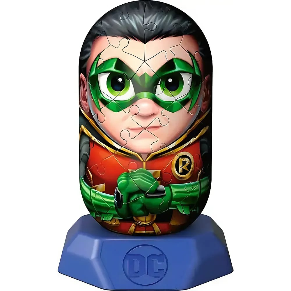 Ein kugelförmiges Robin-Puzzle auf einem blauen DC-Sockel mit schwarzem Haar, grüner Maske und rot-grünem Kostüm.