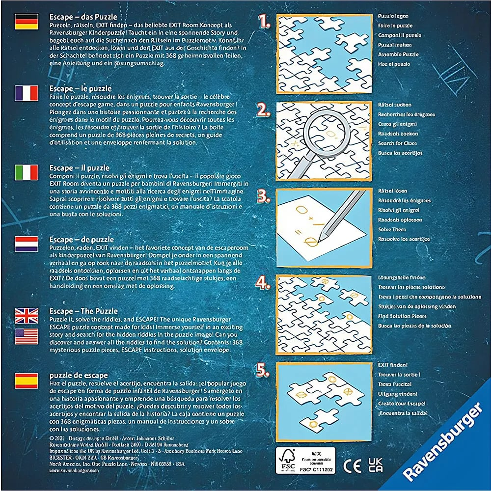 Rückseite einer Puzzle-Verpackung mit mehrsprachiger Anleitung, fünf Schritten und dem Ravensburger-Logo.