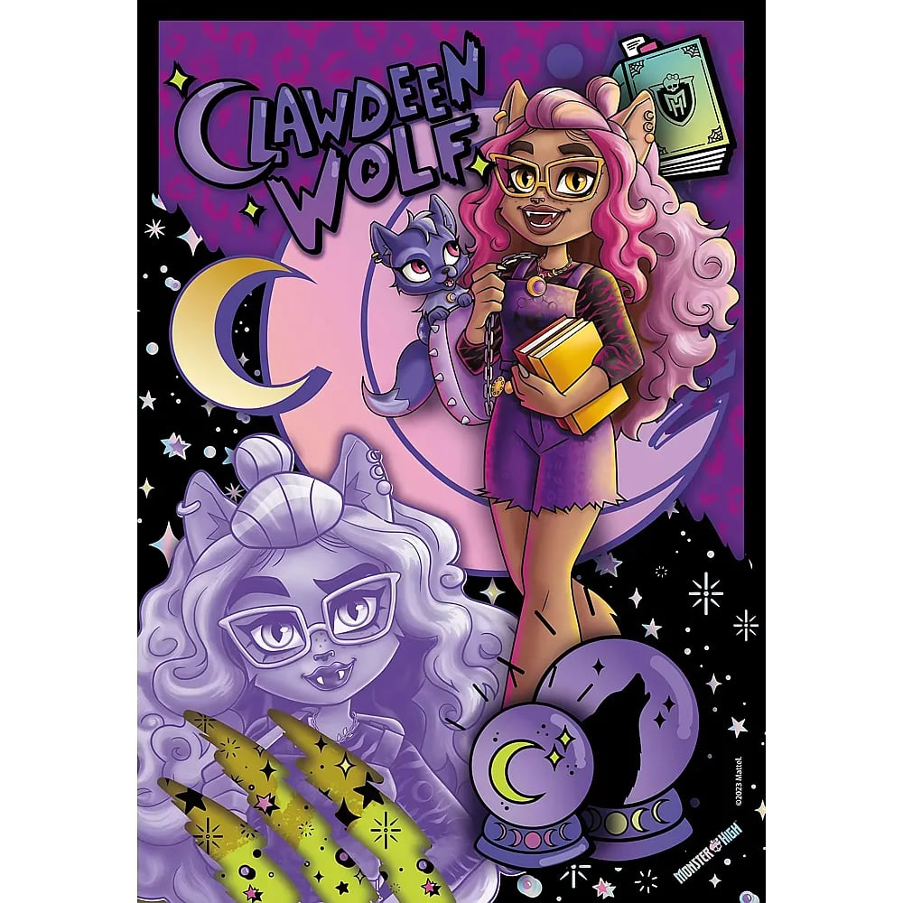 Monster High Clawdeen Wolf mit pinkem Haar, Haustier, Büchern und magischen Elementen im Hintergrund.