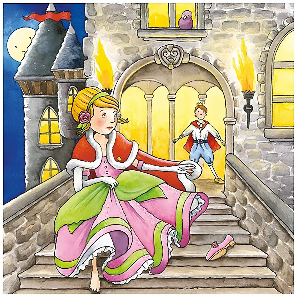 Eine Prinzessin läuft eine Steintreppe hinab und verliert ihren rosa Schuh, während ein Prinz zuschaut.