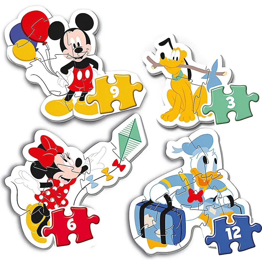 Disney-Figuren-Puzzle mit Micky, Pluto, Minnie und Donald sowie nummerierten Puzzleteilen auf weißem Grund.
