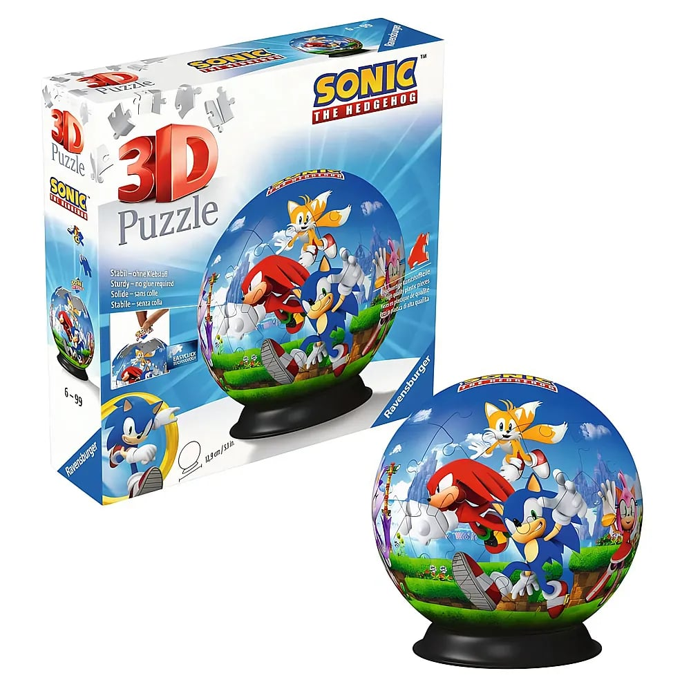 Palla puzzle 3D di Sonic the Hedgehog in scatola, con Sonic, Knuckles e Tails su supporto.