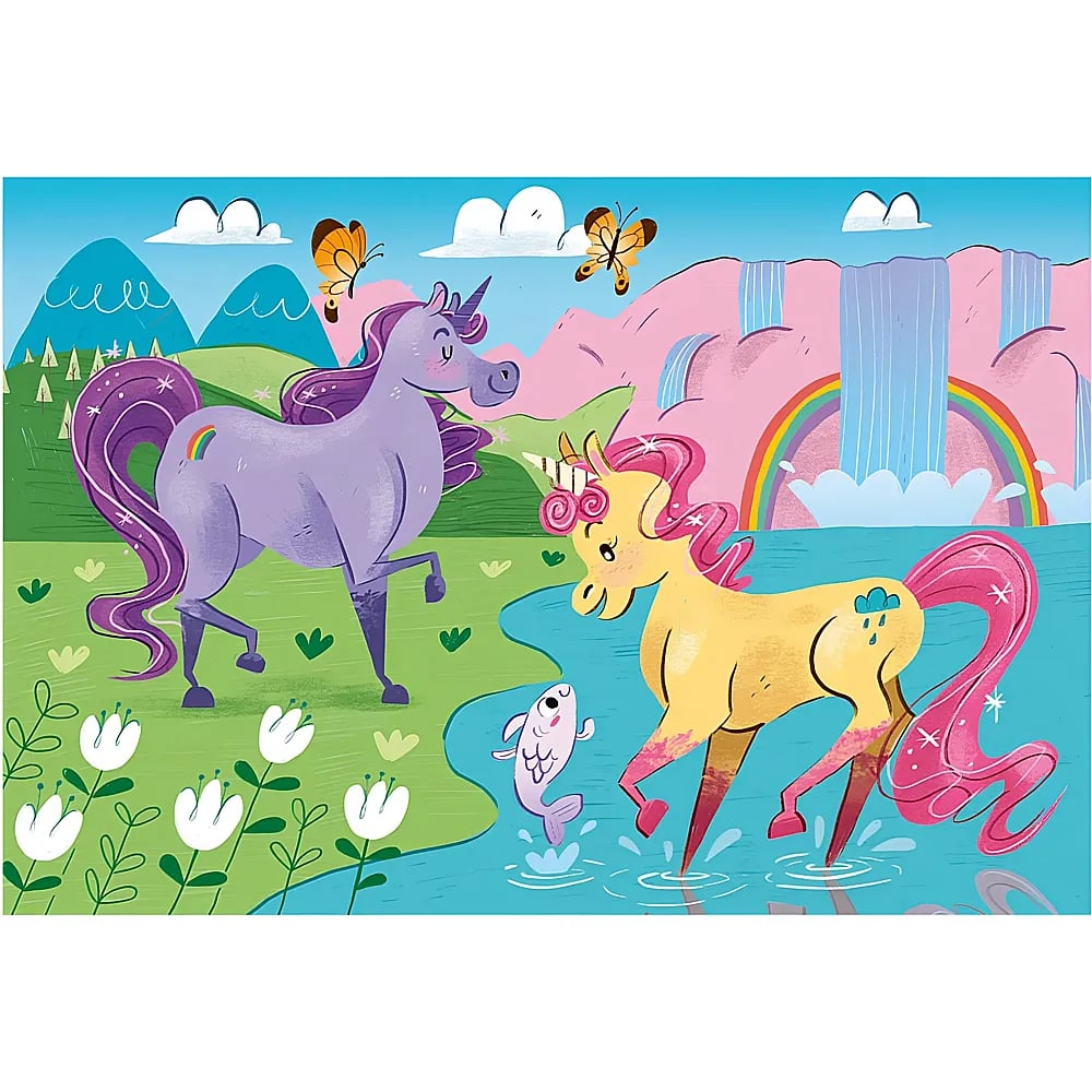 Illustrazione di due unicorni in un paesaggio colorato con cascata, arcobaleno e fiori.
