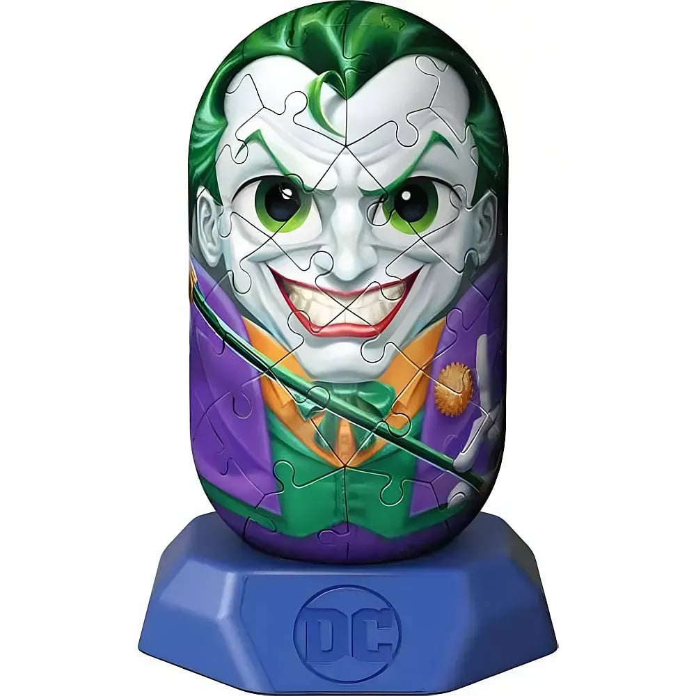 Ein zylindrisches 3D-Puzzle des Jokers mit grünen Haaren und lila Anzug auf einem blauen DC-Sockel.