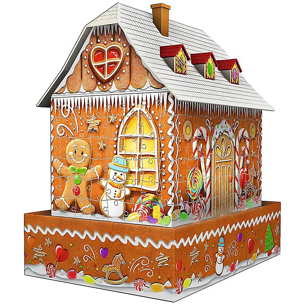 Ein 3D-Lebkuchenhaus-Puzzle mit Zuckerguss, Zuckerstangen, einem Lebkuchenmann und einem Schneemann auf einem Sockel.
