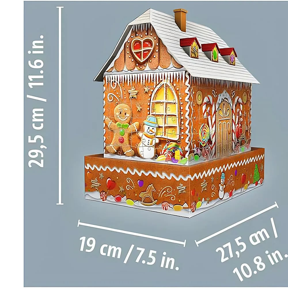 Ein detailliertes Lebkuchenhaus mit Maßen von 29,5 cm Höhe, 19 cm Breite und 27,5 cm Länge auf grauem Hintergrund.