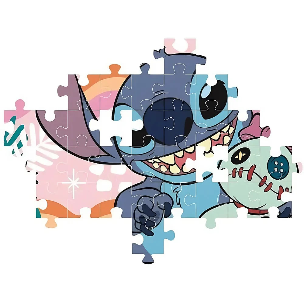 Ein Puzzle mit Stitch aus Lilo und Stitch, der eine Puppe vor rosa Hintergrund hält.
