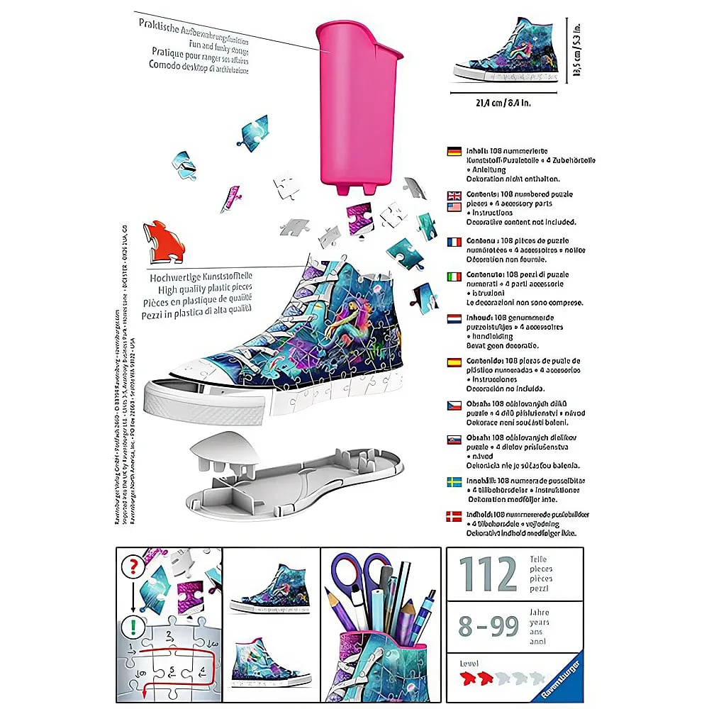 Anleitung für ein 3D-Puzzle eines Sneakers als Stiftehalter mit Text.