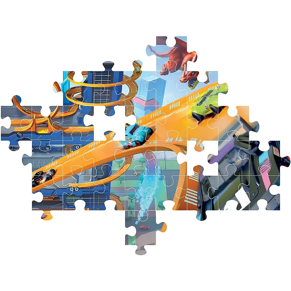 Een incomplete legpuzzel toont Hot Wheels-raceauto's op oranje banen, een stad en een rode draak.