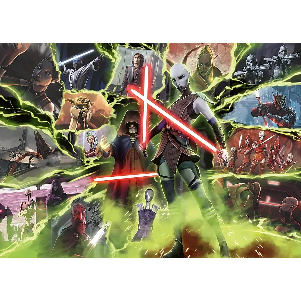 Un collage di personaggi di Star Wars tra cui Asajj Ventress con spade laser rosse, circondata da energia verde.