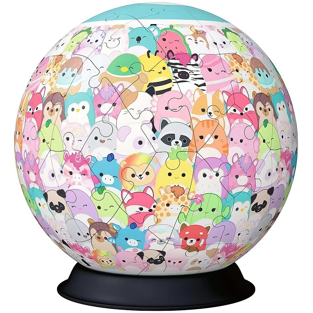 A spherical puzzle featuring colorful cartoon stuffed animals on a black stand.
