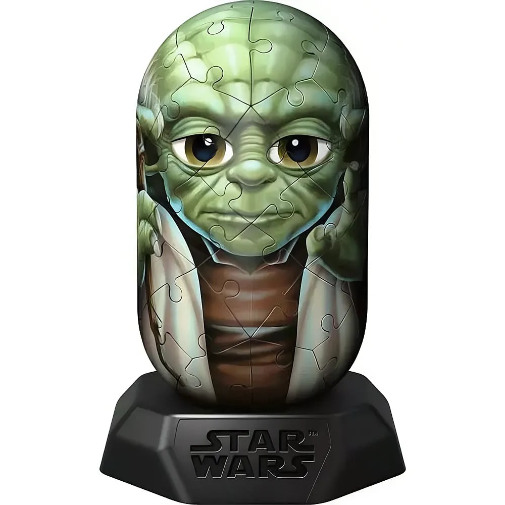 Ein 3D-Yoda-Puzzle in Ei-Form auf einem schwarzen Star Wars-Ständer.