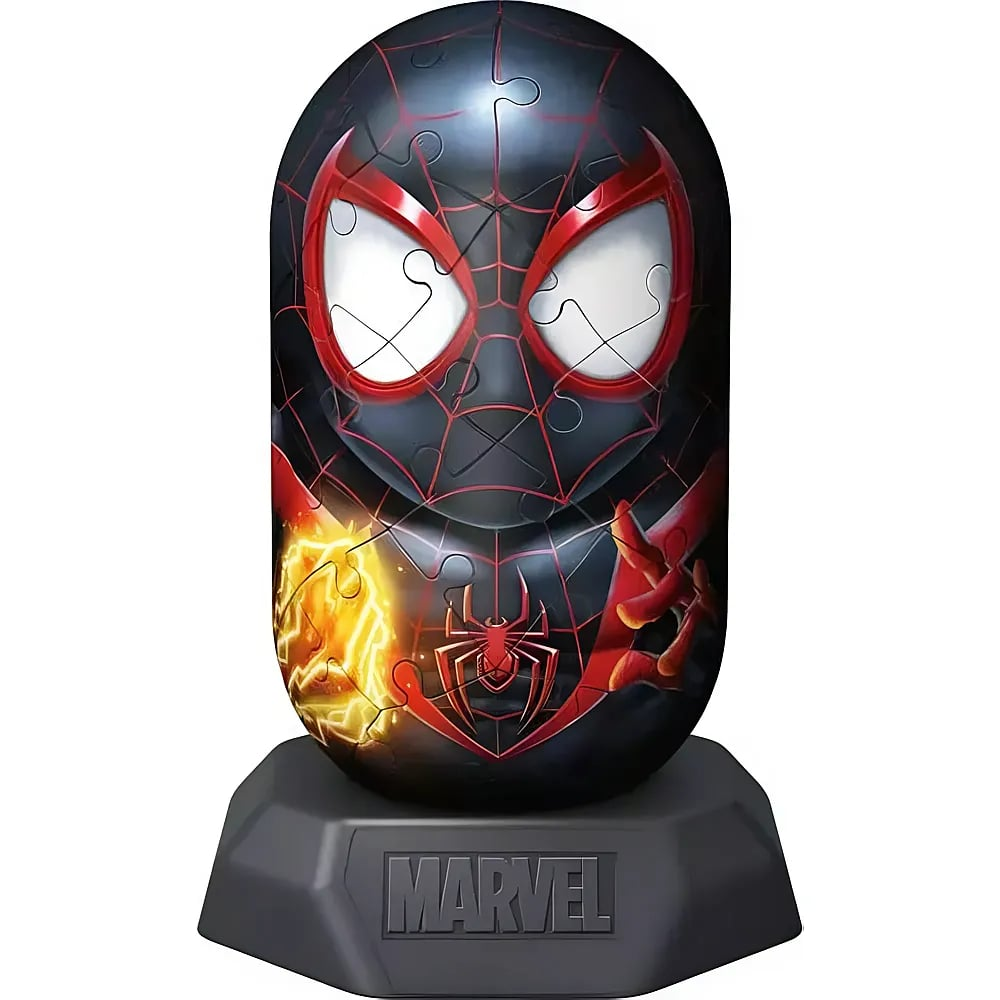 Ein Marvel Miles Morales 3D-Puzzle in Ei-Form auf schwarzem Sockel.