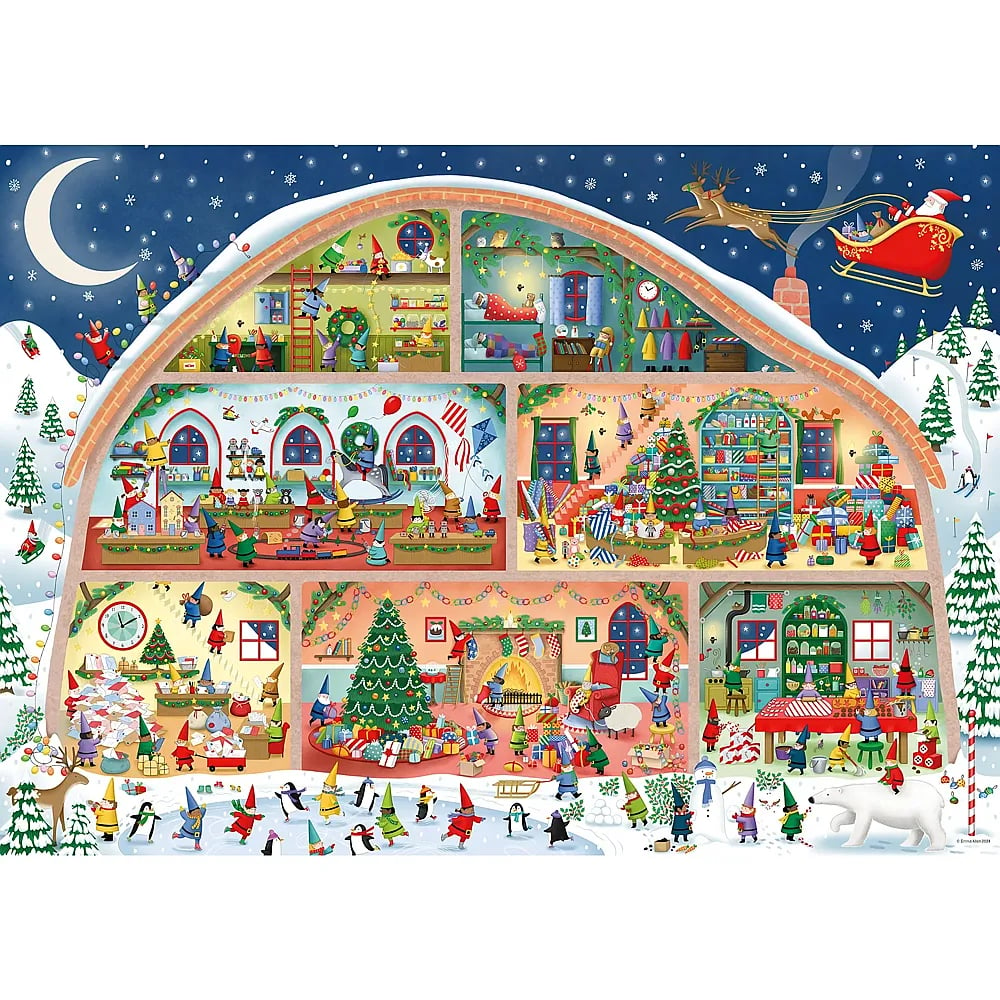 Ein großes Schnittmodell zeigt fleißige Elfen bei den Weihnachtsvorbereitungen unter einem nächtlichen Winterhimmel.