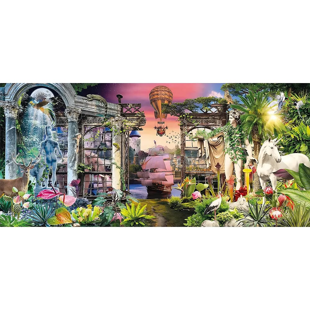 Un paysage fantastique avec ruines, montgolfière, bateau, licorne blanche, plantes exotiques et statues d'animaux.
