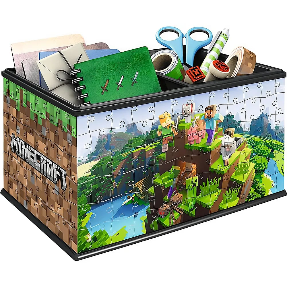 Minecraft Schreibtischorganizer aus Puzzleteilen mit Stiften, Notizbuch und Schere.