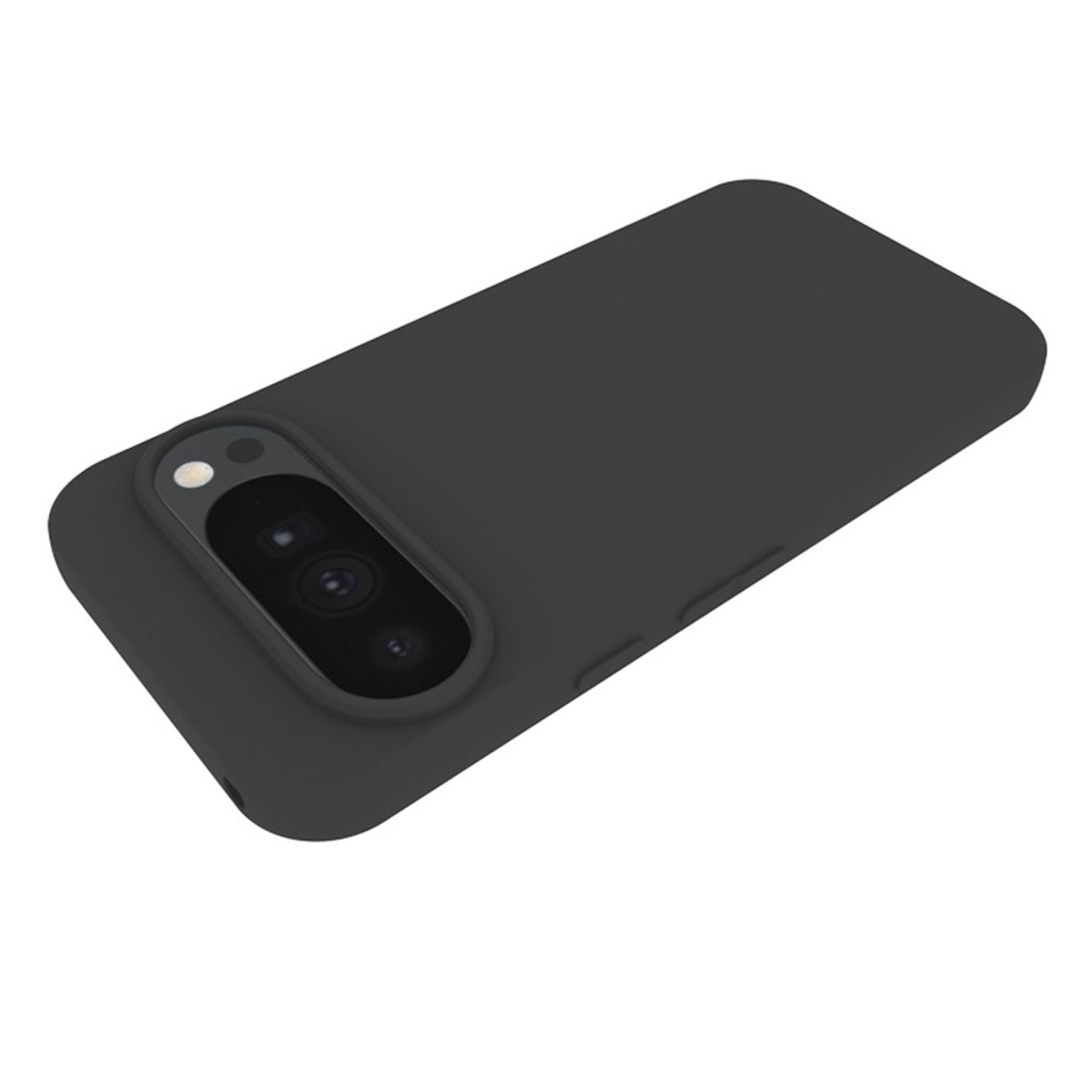 Eine matte schwarze Smartphone-Hülle liegt auf weißem Hintergrund mit einer ovalen Kameraaussparung.