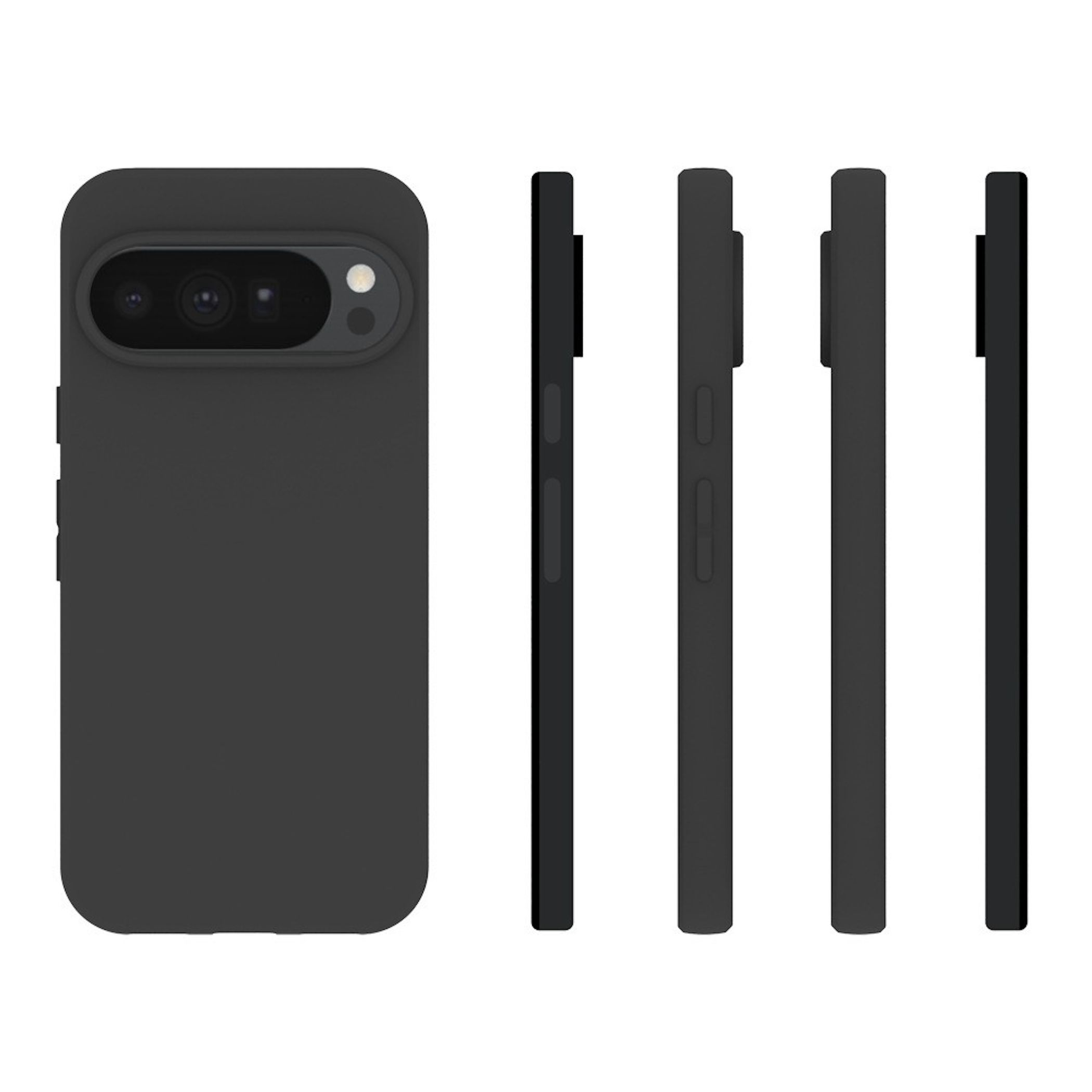 Eine mattschwarze Smartphone-Hülle im Quer- und Längsschnitt von allen Seiten auf weißem Hintergrund.