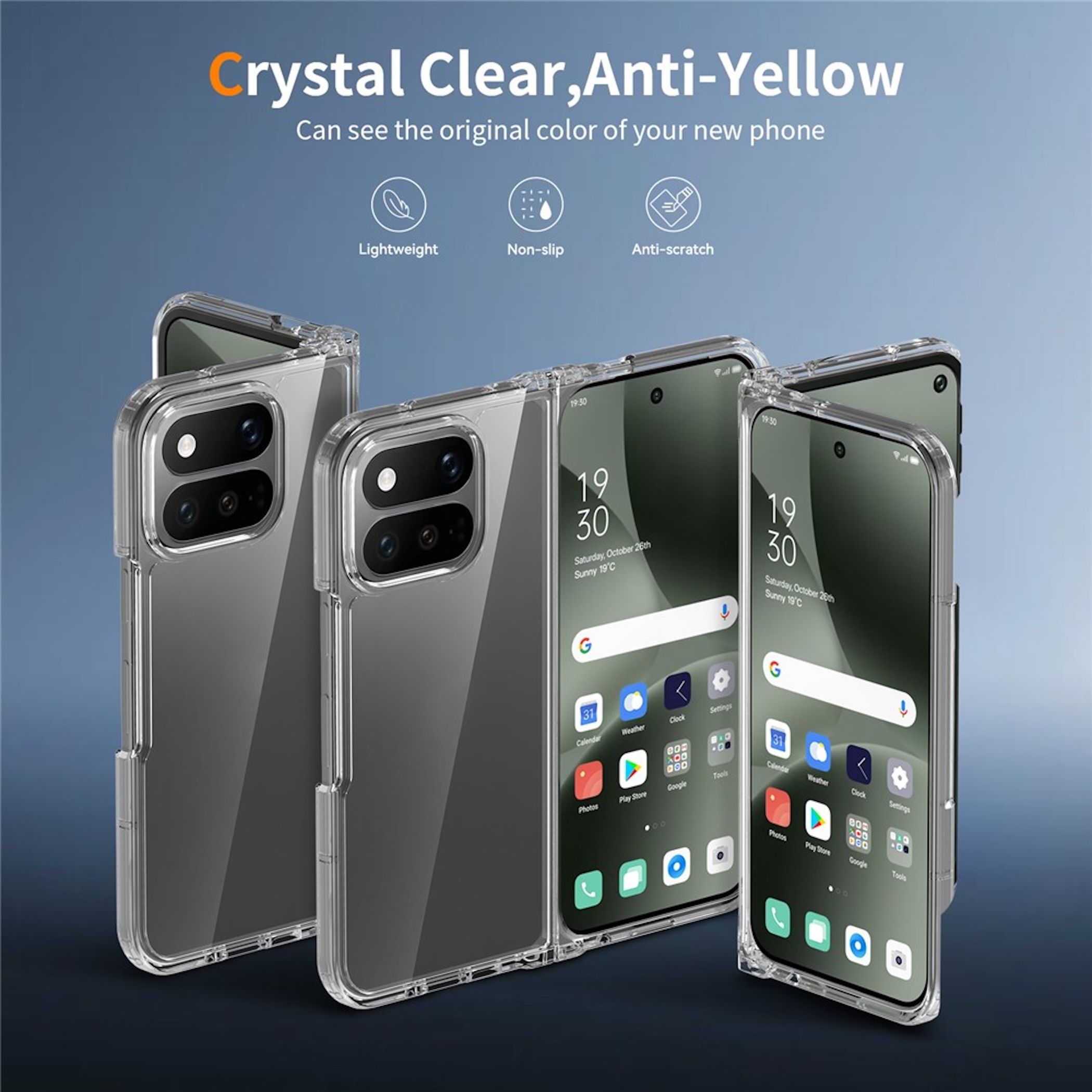 Transparente Klapp-Handyhülle zeigt das Telefon mit Funktionen wie leicht, rutschfest und kratzfest.