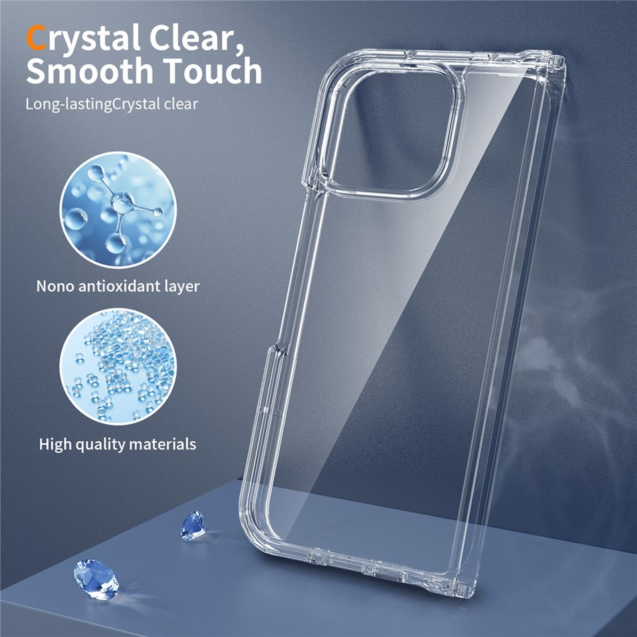 Eine transparente Handyhülle steht auf einer blauen Oberfläche neben zwei Edelsteinen mit Detailkreisen.