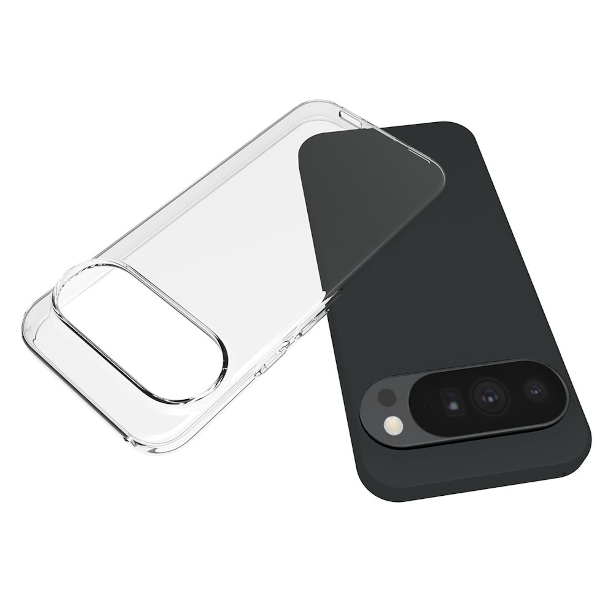 Ein schwarzes Smartphone mit Kamera und eine transparente Schutzhülle auf weißem Hintergrund.