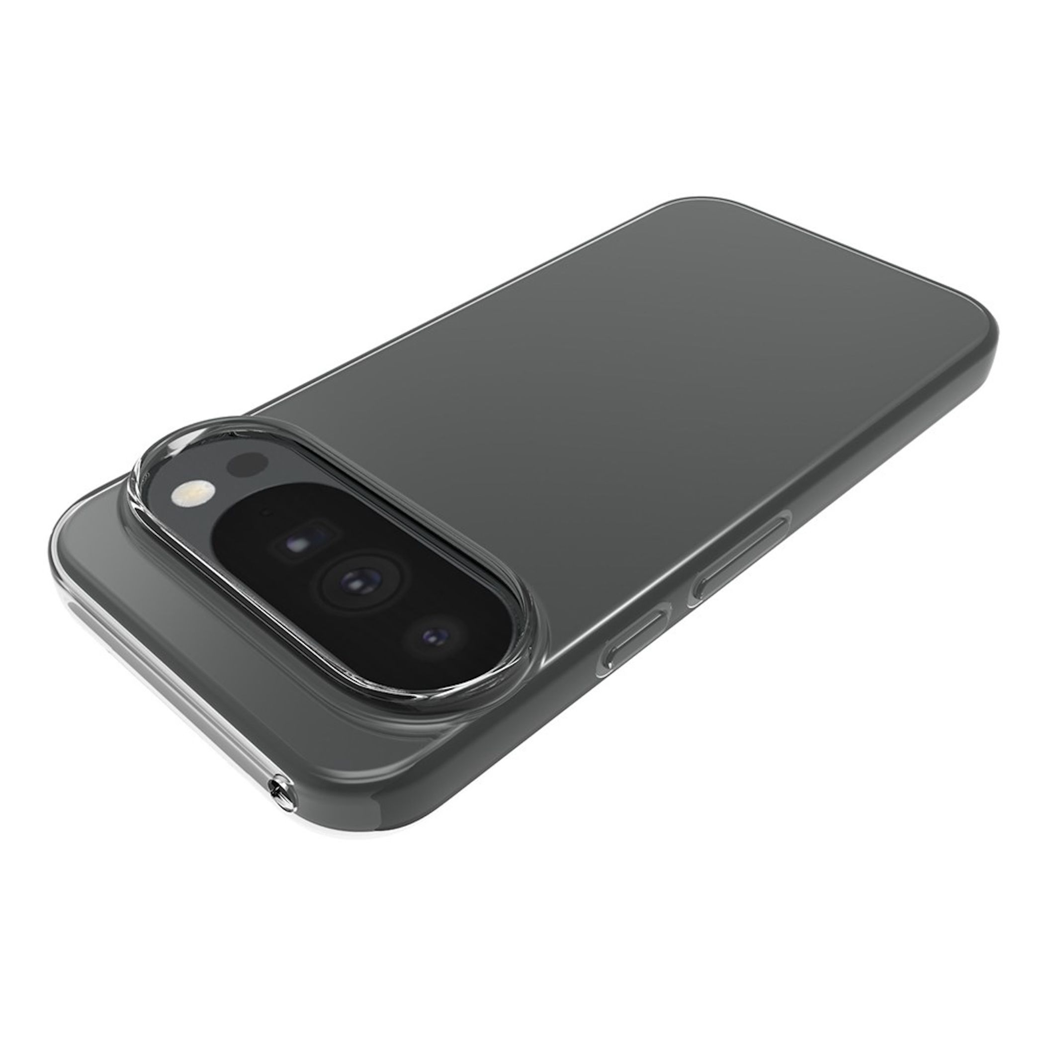 Ein Smartphone in einer klaren Schutzhülle auf weißem Hintergrund, angewinkelt, um die markante Dreifachkamera zu zeigen.