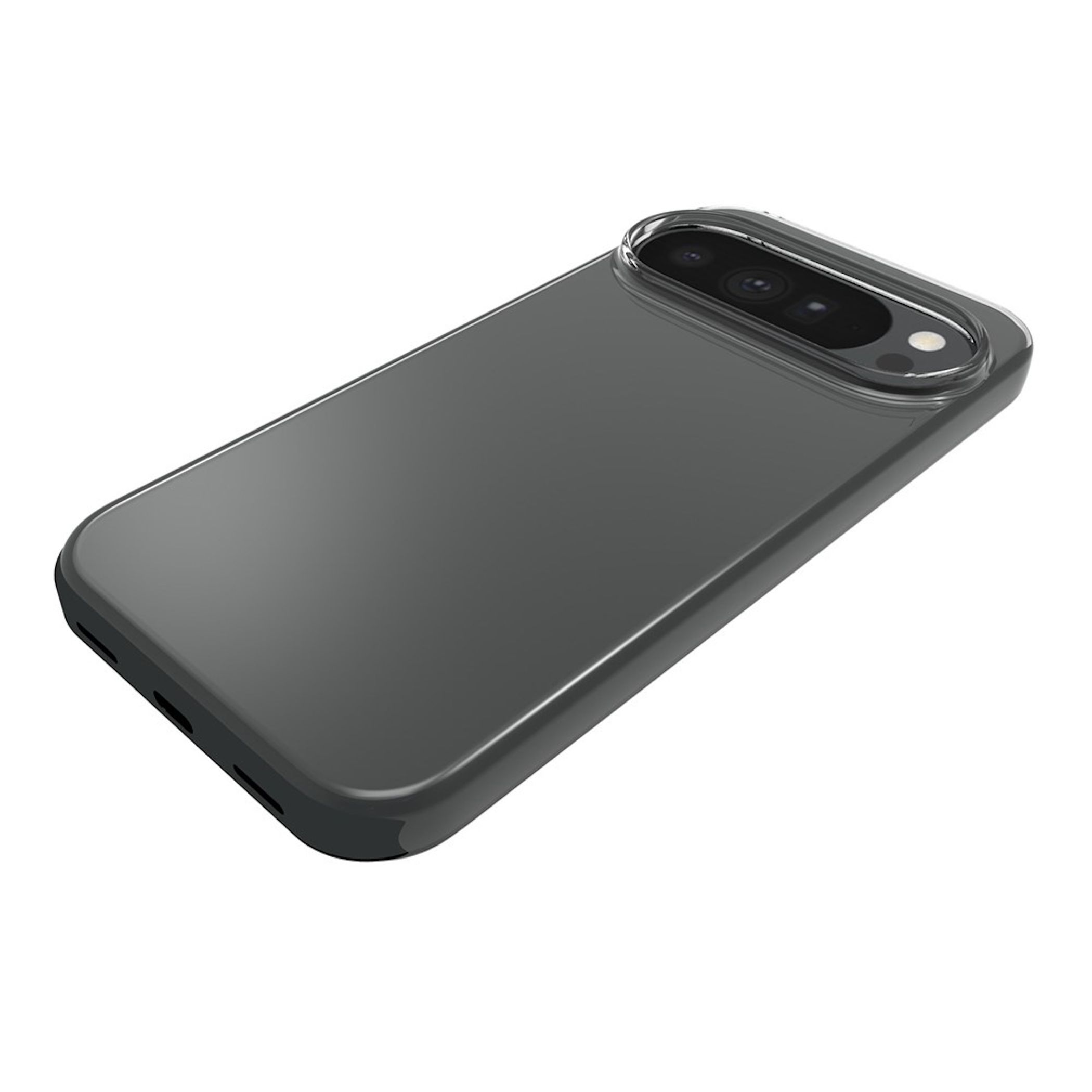 Ein Smartphone in einer transparenten Schutzhülle, auf einer weißen Oberfläche liegend, zeigt die Rückkamera.