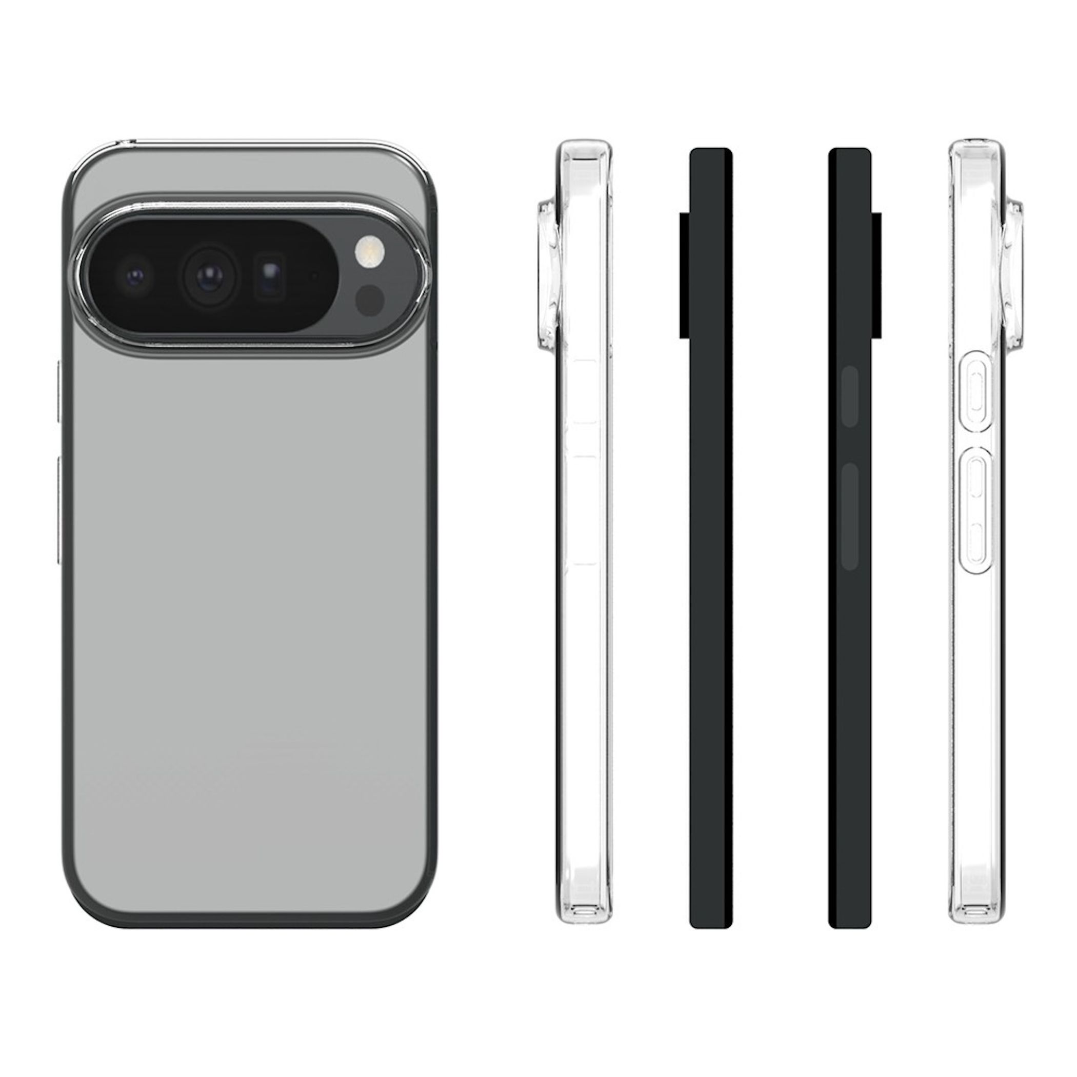 Verschiedene Ansichten einer grauen Smartphone-Hülle mit Kameraaussparung auf einem weißen Hintergrund.