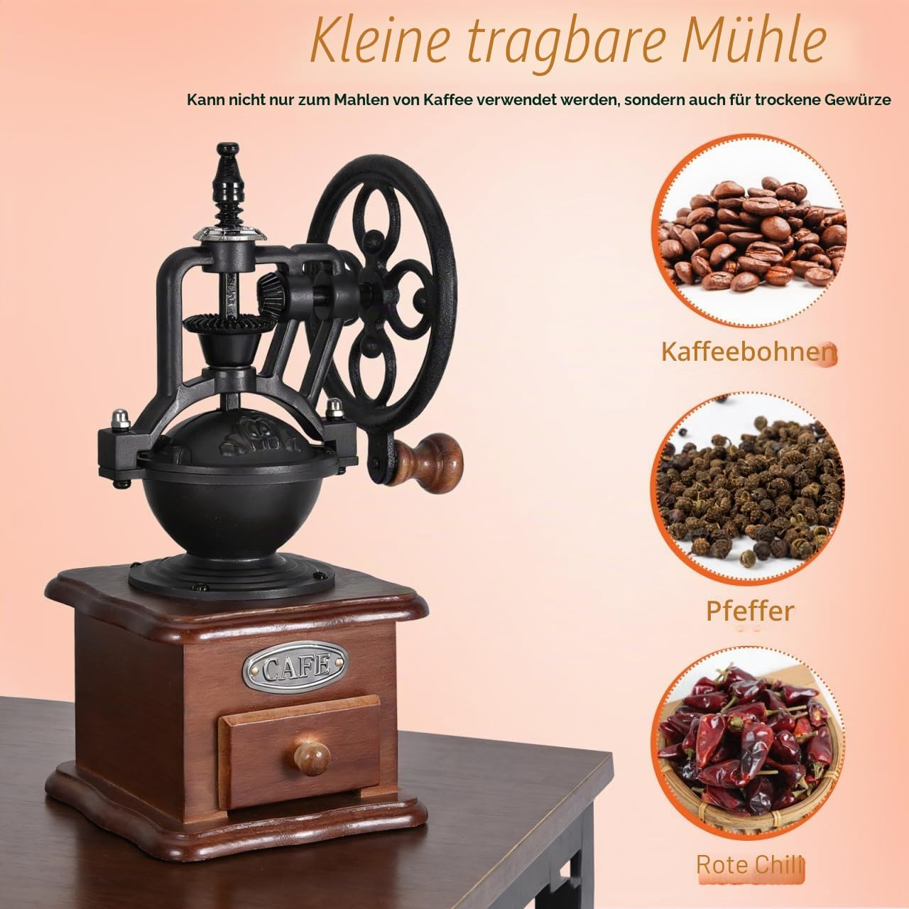Eine manuelle Kaffeemühle aus Holz und Gusseisen mit runden Insets für Kaffeebohnen, Pfeffer und Chilis.