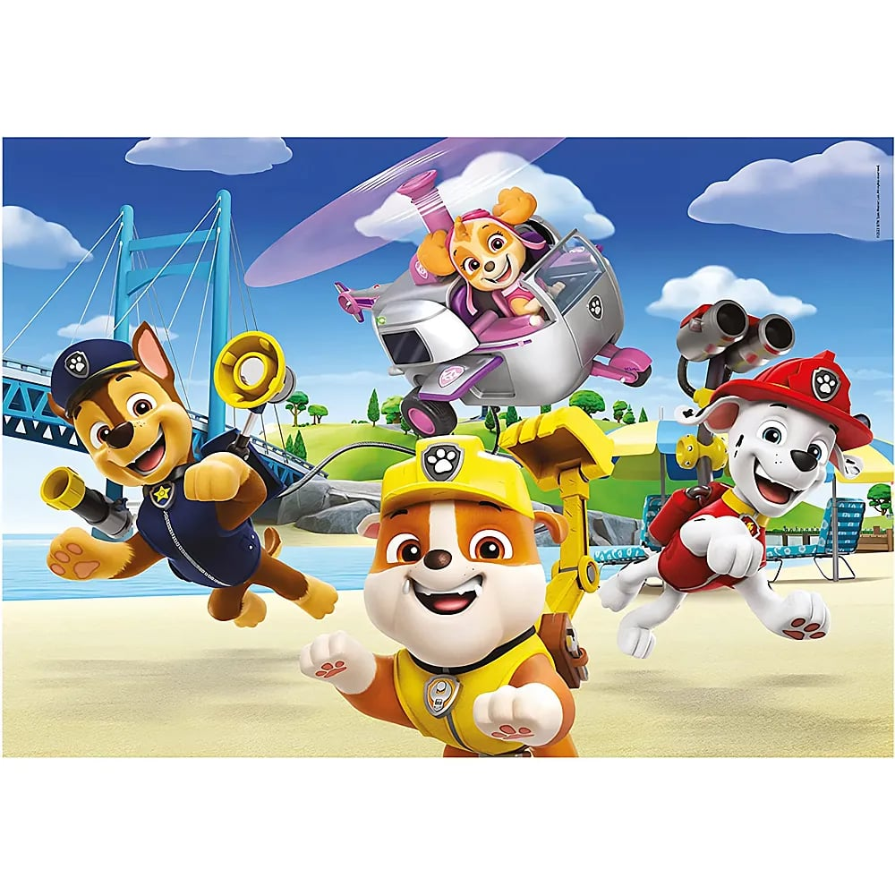 Four Paw Patrol characters, including Chase, Rubble, Marshall, and Skye in her helicopter, on a sunny beach.