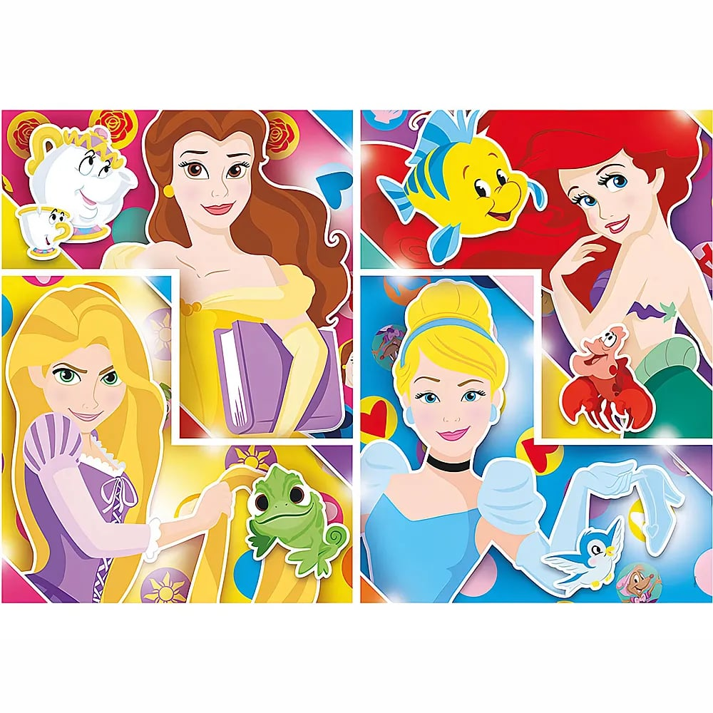 Cuatro princesas de Disney: Bella, Rapunzel, Cenicienta y Ariel, rodeadas de patrones coloridos y amigos.